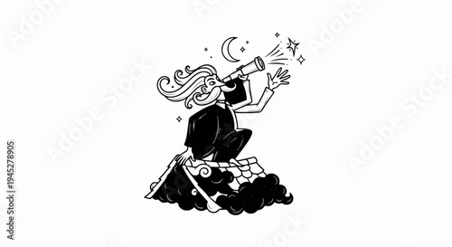 Whimsical figure with mustache & flowing hair peers through telescope at moon