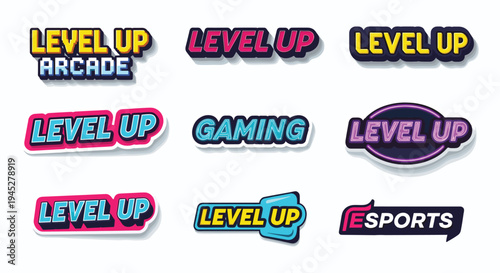 Colorful gaming typography designs with vibrant fonts, esports text effects, arcade style lettering, modern gamer phrases, digital entertainment branding, flat vector illustration