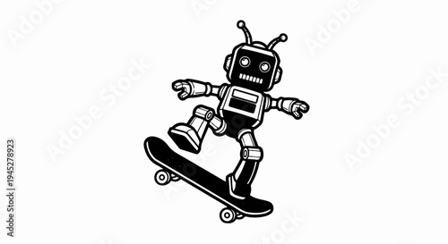 Whimsical robot with antennae, in a dynamic pose, riding a skateboard