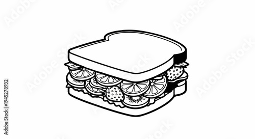 Stylized sandwich illustration featuring citrus slices and berries between bread