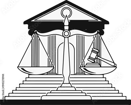 Stylized scales of justice balanced with a gavel before a courthouse facade