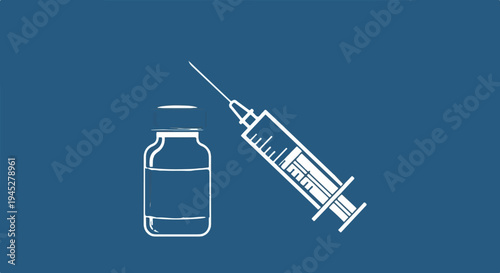 White outline drawing of a syringe and medicine vial on a blue background