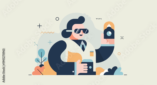 Stylized scientist with sunglasses holding beaker and flask