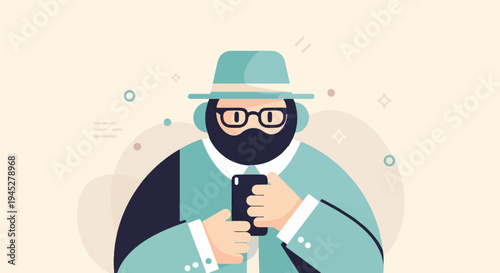 Stylized person in hat and glasses holding phone