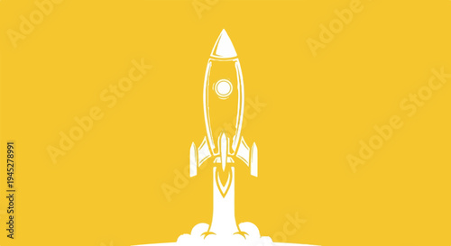 White rocket blasting off with smoke against a bright yellow background