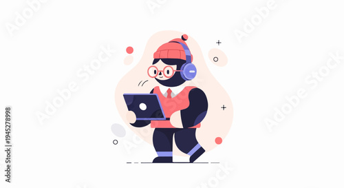 Whimsical cartoon character with headphones and laptop, walking