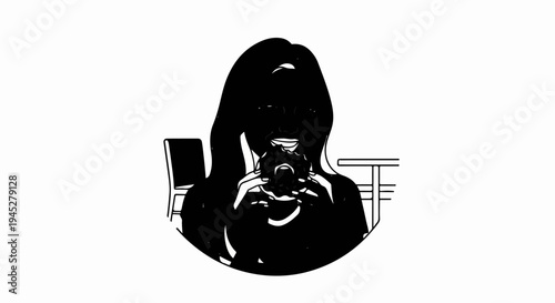 Woman enjoying a donut in a cafe, black and white illustration