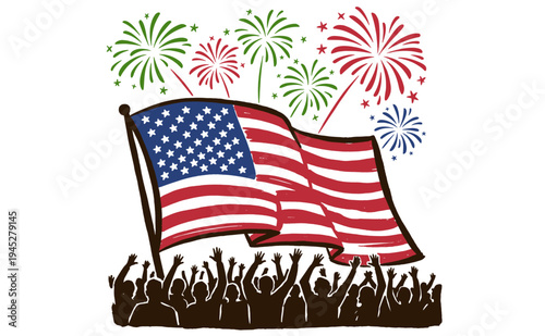 Patriotic celebration graphic. Festive national holiday print design. Cheering crowd with fireworks and wavy flag artwork for apparel or poster.