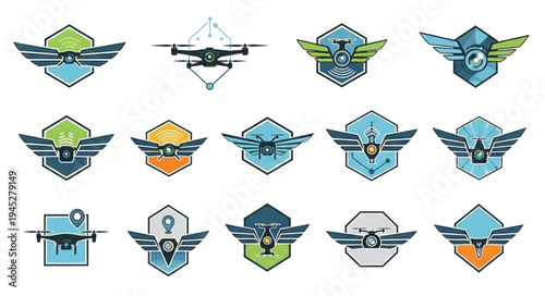 Collection of drone emblems and badges with wings.