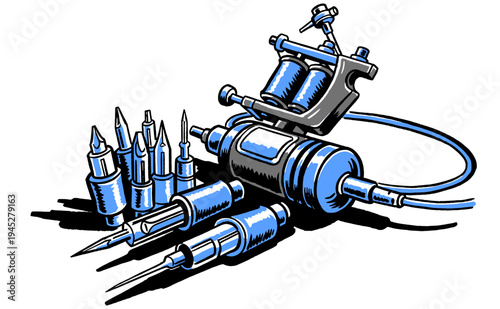 Tattoo artist studio equipment. Professional tattoo machine and needle cartridges. Ink club graphic print design for poster, sticker, and apparel.