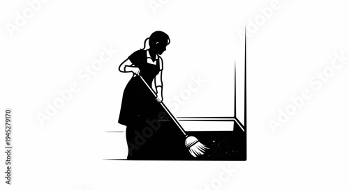 Woman in apron sweeping a dusty floor with a broom