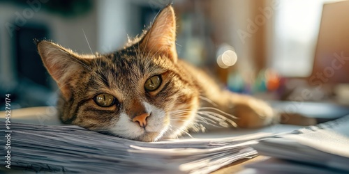 Wallpaper Mural Sleepy european shorthair tabby cat resting head on office documents in warm sunset light against blurred home workspace background, concept of remote work fatigue and cozy procrastination Torontodigital.ca