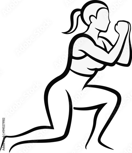 Woman in athletic pose, with one knee bent and the other extended backward