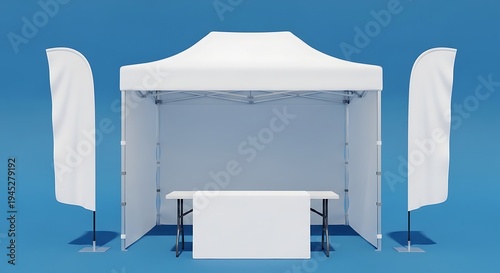 White tent with flags and table, perfect for outdoor events and promotions.