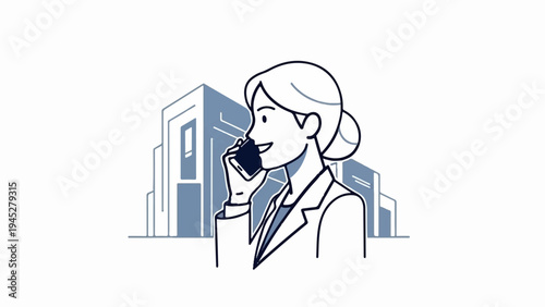 Woman in suit talking on phone with building background