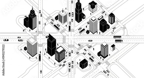 Isometric architectural drawing of a city intersection with buildings and roads.