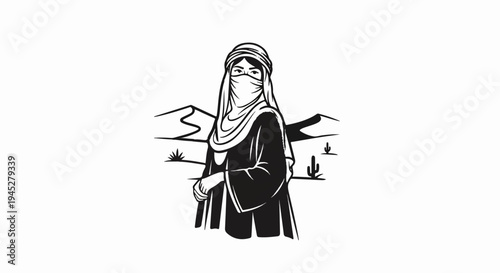 Woman in traditional desert attire with veiled face, standing amidst dunes and cacti