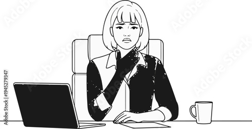 Woman in office chair holding throat near laptop and coffee cup