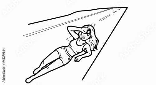 Woman lying on road shielding eyes from sun