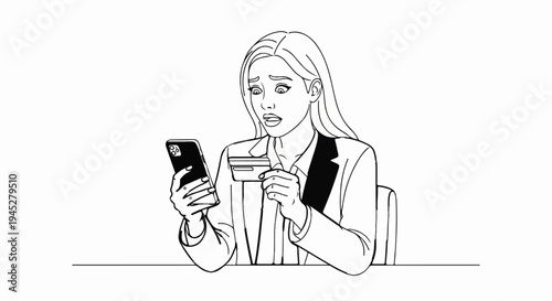 Woman with concerned expression holding phone and credit card