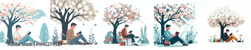 vector of a man reading a book under a flowering tree in spring
