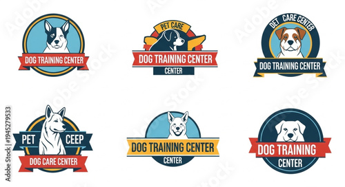 Set of dog training center logos with different dog breeds.