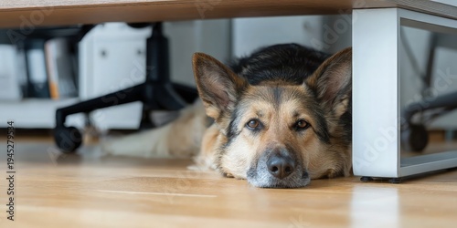 Wallpaper Mural Tired mixed breed shepherd dog lying under modern office desk on wooden floor, looking at camera with sad brown eyes against blurred chairs and shelves, concept of work from home companionship Torontodigital.ca