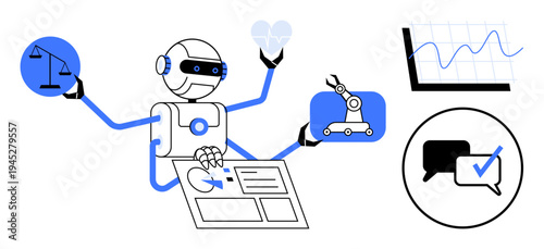 Robot with multitasking arms holding scales, heart, charts, automation tools, representing ethics, analytics, AI, and innovation. Ideal for AI technology robotics automation data analysis