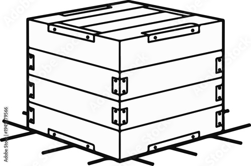Wooden crates stacked and reinforced with metal brackets for transport