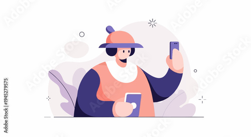 Stylized person in hat takes selfie with phone, abstract shapes