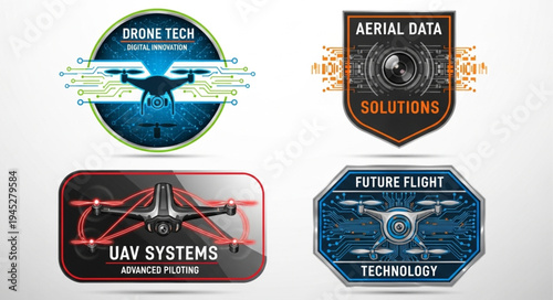 Collection of four drone technology logos and emblems.