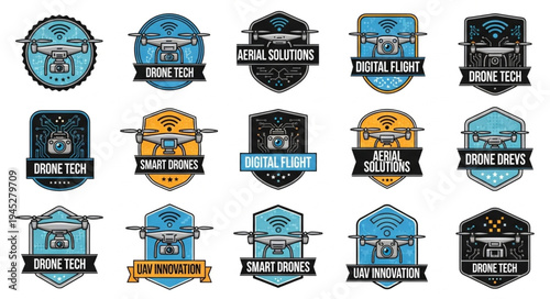 Collection of drone technology emblems and logos.