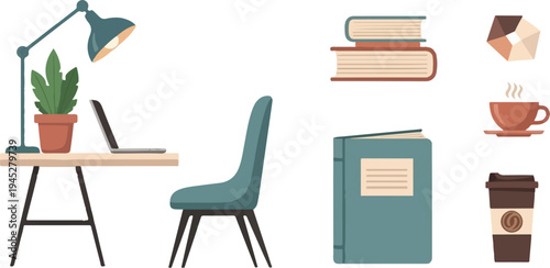 Workspace setup with desk, chair, laptop, lamp, plant, books, and coffee