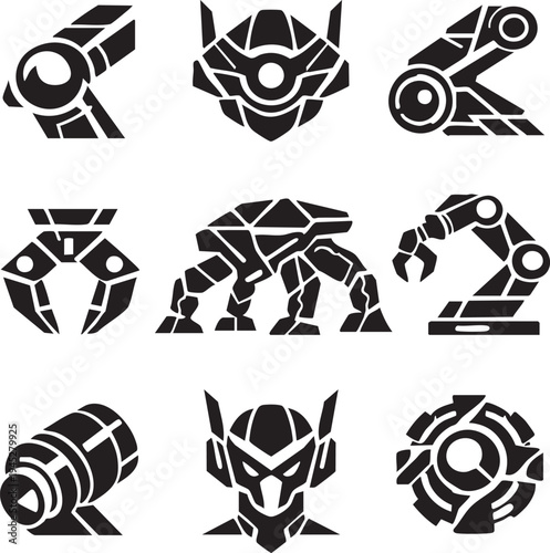 Futuristic Robot Icons and Mechanical Cybernetic Elements Set