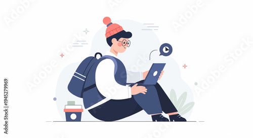 Young person with backpack and laptop, enjoying online content and a drink