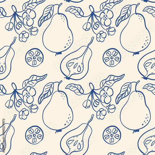 Vector seamless pattern with pears. Hand drawn blue textures.