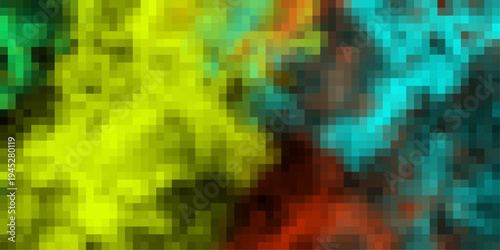 Pixelated abstract background with a blend of bright yellow green blue and red colors creating a textured digital art effect suitable for modern graphic design and digital media