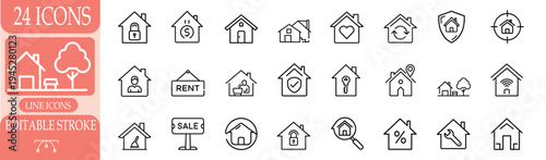 Real estate house and home outline icon featuring property sale rent, smart building security, residential mortgage architecture more vector illustration or editable stroke.