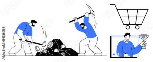 Two individuals using tools for cryptocurrency mining, digital coins amidst mining equipment, shopping cart and online trophy elements. Ideal for blockchain, cryptocurrency, e-commerce, online