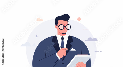 Stylized man in suit and glasses writing on clipboard, abstract background