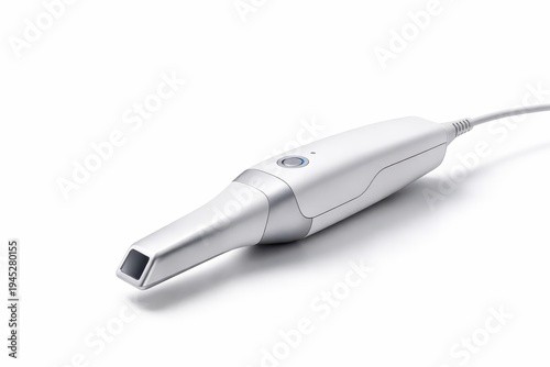 handheld intraoral dental scanner with sleek ergonomic body and precision optical tip isolated on white three quarter view soft commercial lighting