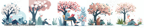 vector of a grandmother reading a book under a flowering tree in spring