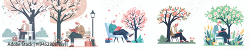 vector of a grandfather reading a book under a flowering tree in spring