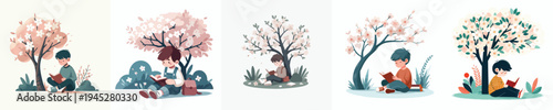 vector of a little boy reading a book under a flowering tree in spring