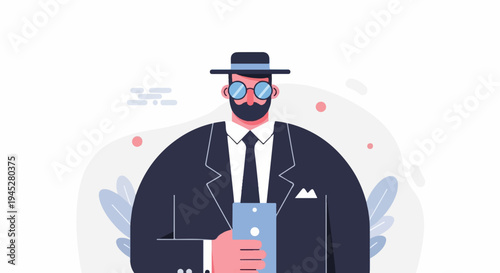 Stylized man in suit and hat holding phone
