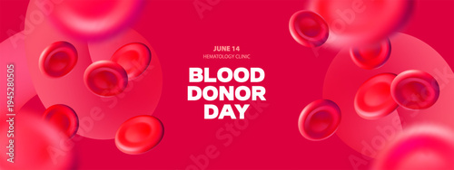 3D blood red cells background. World Blood Donor Day. Realistic vector illustration. Healthcare, hospital, clinic, laboratory, emergency design concept