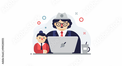 Two animated professionals in suits working on a laptop with a drink