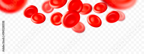 3D blood red cells on transparent background. World Blood Donor Day. Realistic isolated vector illustration. Healthcare, hospital, clinic, laboratory, emergency design concept