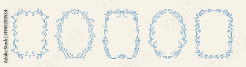 Set of modern floral spring hand drawn frame with beautiful flowers, bow and ribbons in whimsical blue lines. Collection vintage elegant vector border perfect for wedding, invitation, greeting cards.