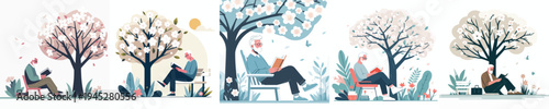 vector of a grandfather reading a book under a flowering tree in spring